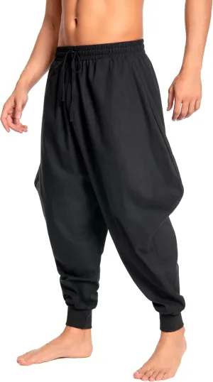 Men's Aladdin Hippie Harem Pants Loose Cotton Linen Drop Crotch Trousers Casual Baggy Elastic Waist Yoga Pants