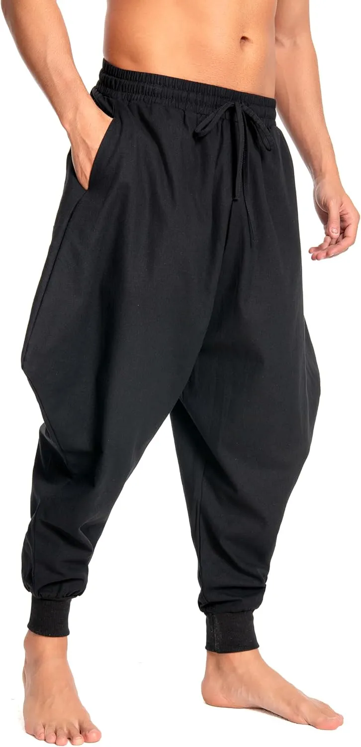 Men's Aladdin Hippie Harem Pants Loose Cotton Linen Drop Crotch Trousers Casual Baggy Elastic Waist Yoga Pants