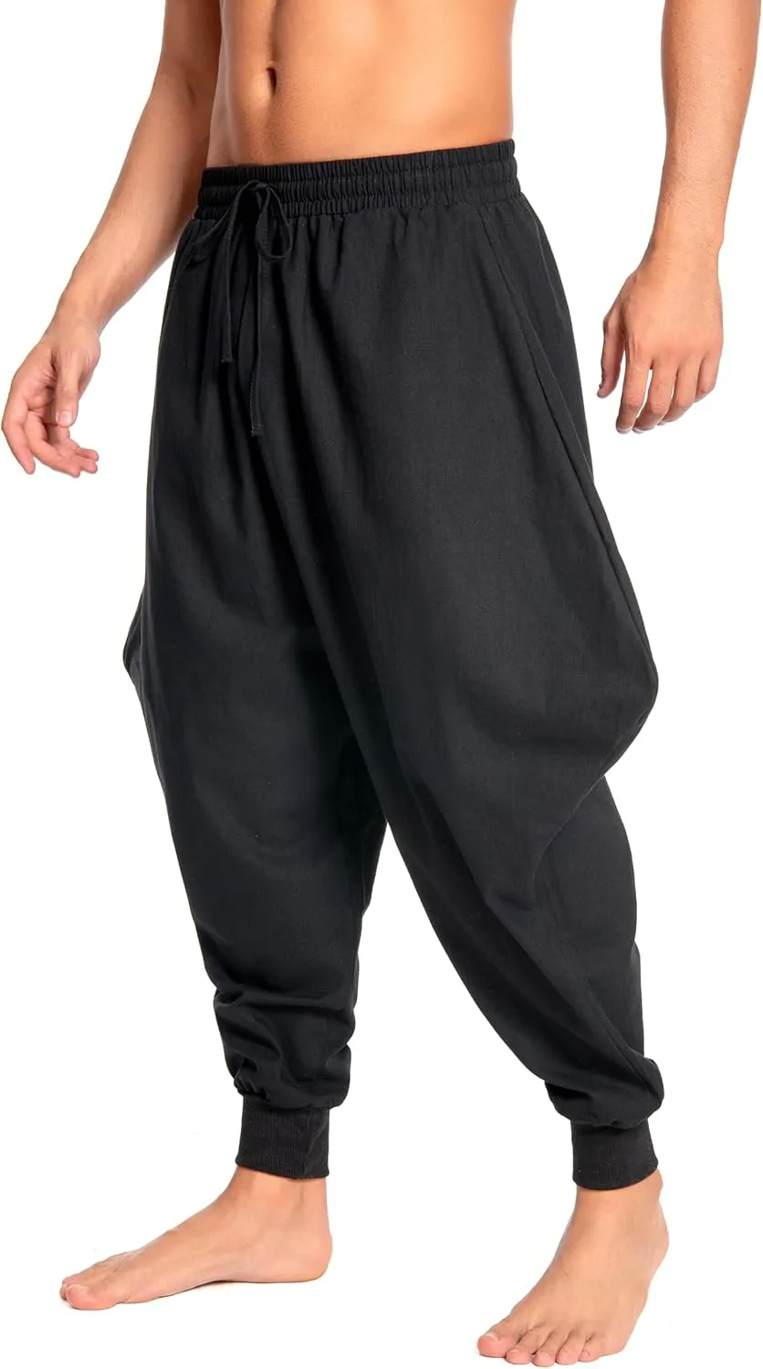 Men's Aladdin Hippie Harem Pants Loose Cotton Linen Drop Crotch Trousers Casual Baggy Elastic Waist Yoga Pants