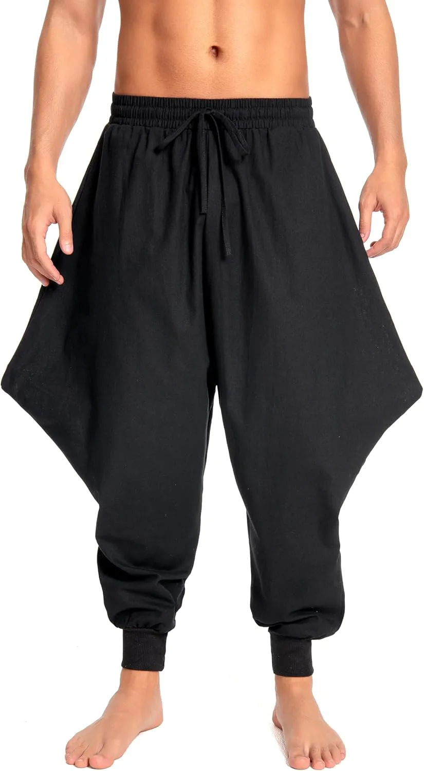 Men's Aladdin Hippie Harem Pants Loose Cotton Linen Drop Crotch Trousers Casual Baggy Elastic Waist Yoga Pants