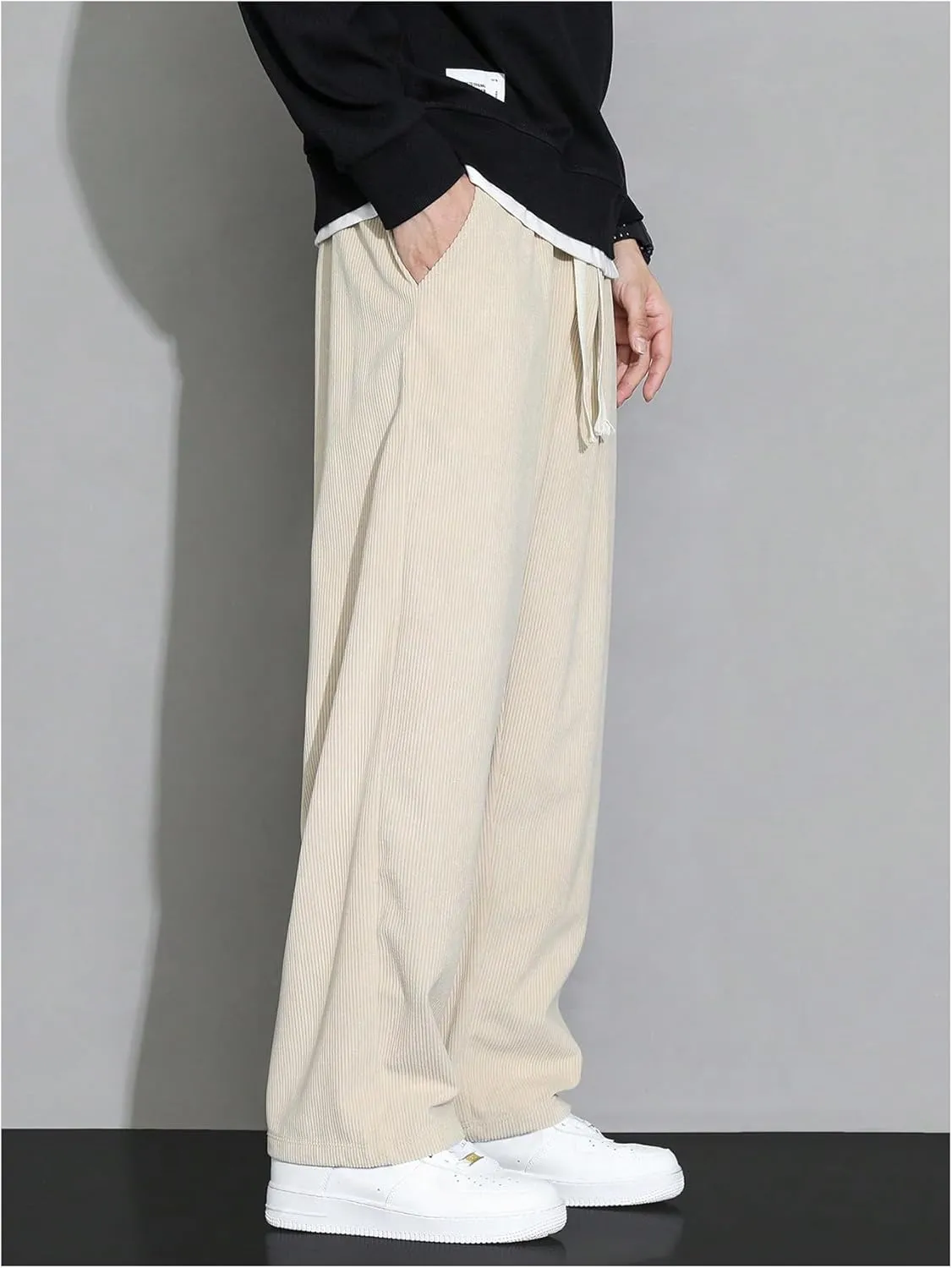 Men's Baggy Pants Tie Front Drawstring Waist Corduroy Pants Casual Loose Straight Leg Pants Trousers