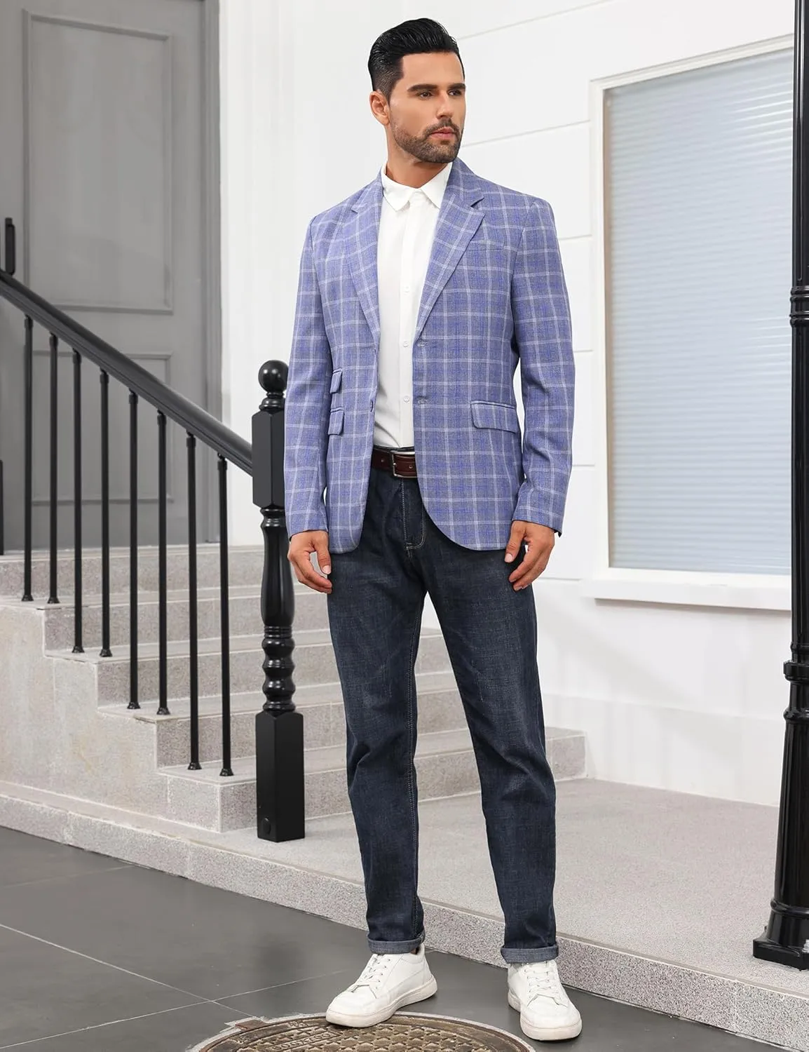 Mens Casual Blazer Suit Jacket Slim Fit Two Button Plaid Blazer Lightweight Sports Jacket for Daily