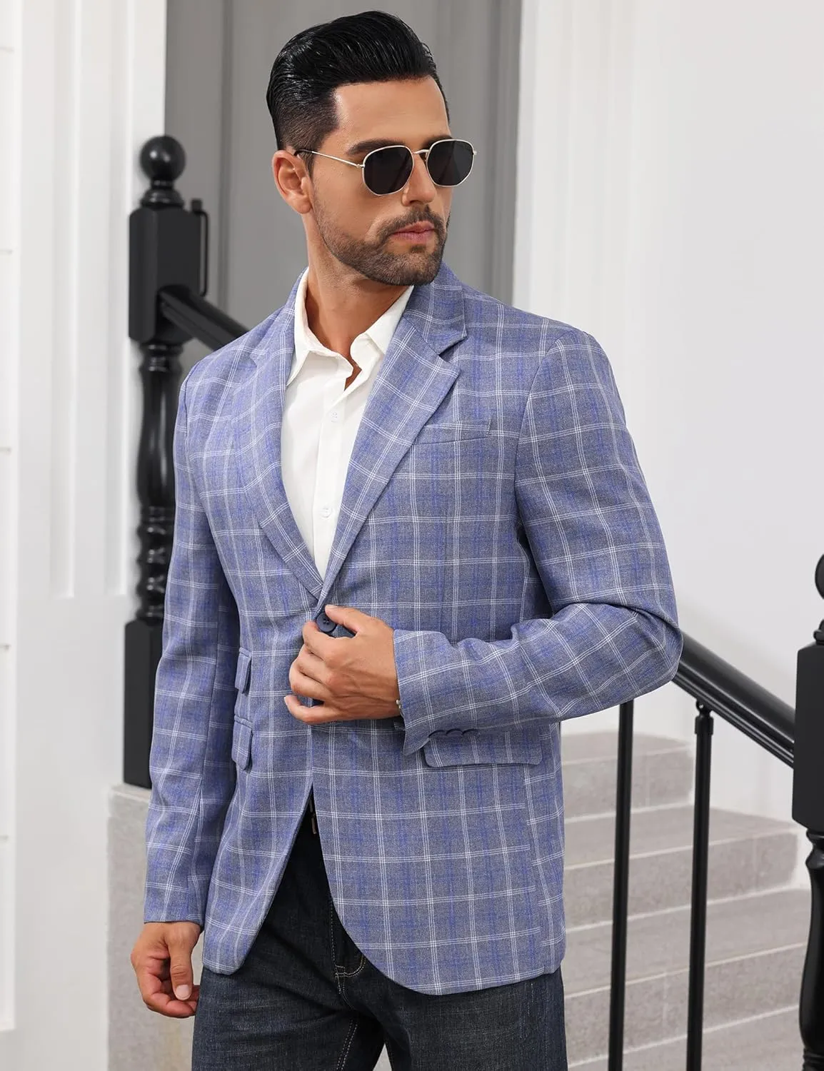 Mens Casual Blazer Suit Jacket Slim Fit Two Button Plaid Blazer Lightweight Sports Jacket for Daily