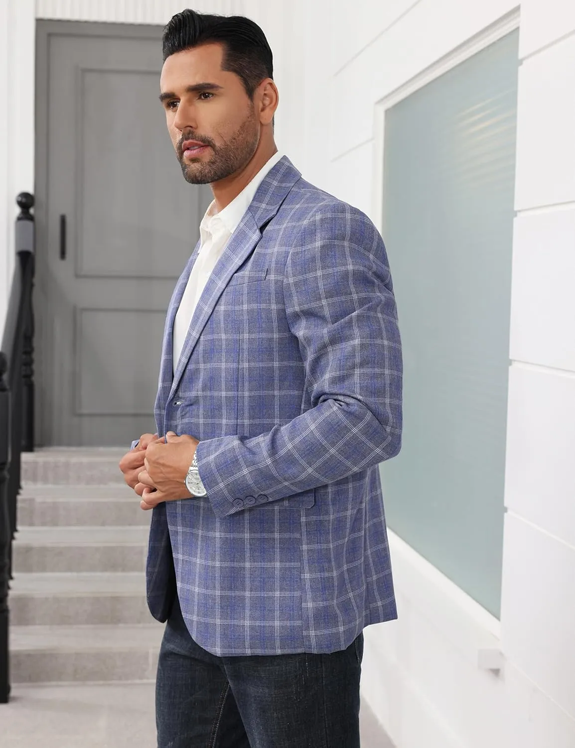 Mens Casual Blazer Suit Jacket Slim Fit Two Button Plaid Blazer Lightweight Sports Jacket for Daily