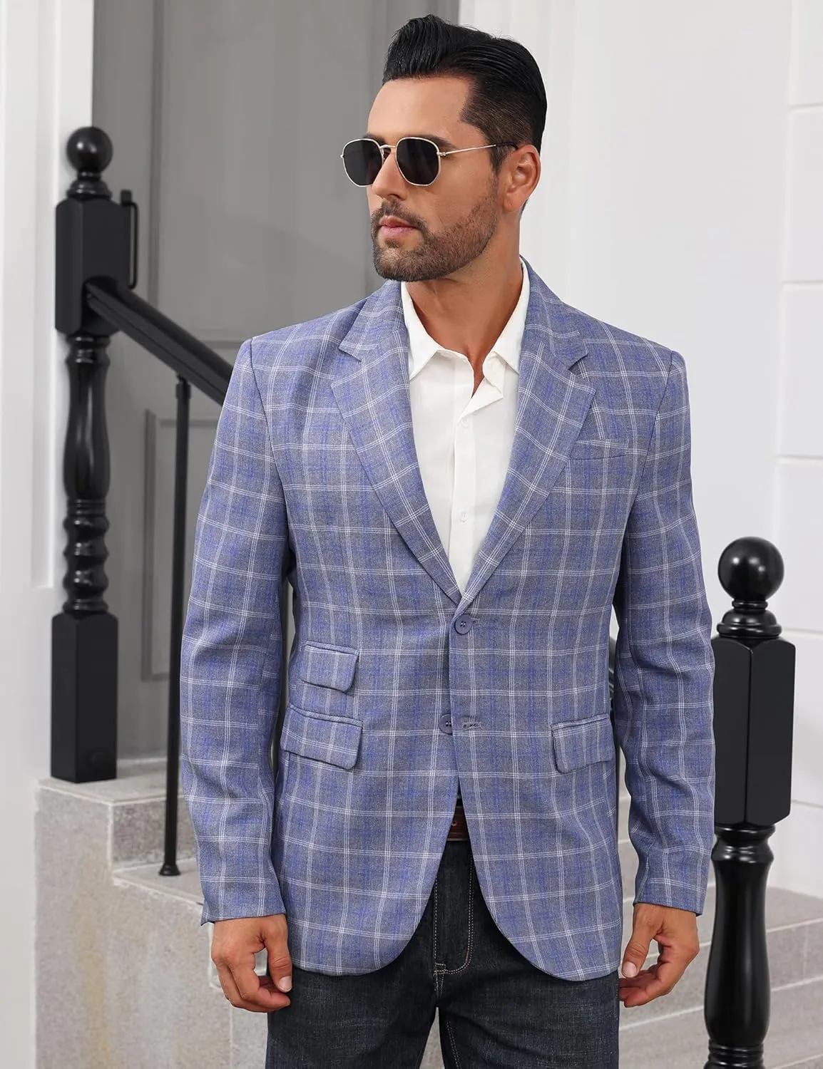 Mens Casual Blazer Suit Jacket Slim Fit Two Button Plaid Blazer Lightweight Sports Jacket for Daily