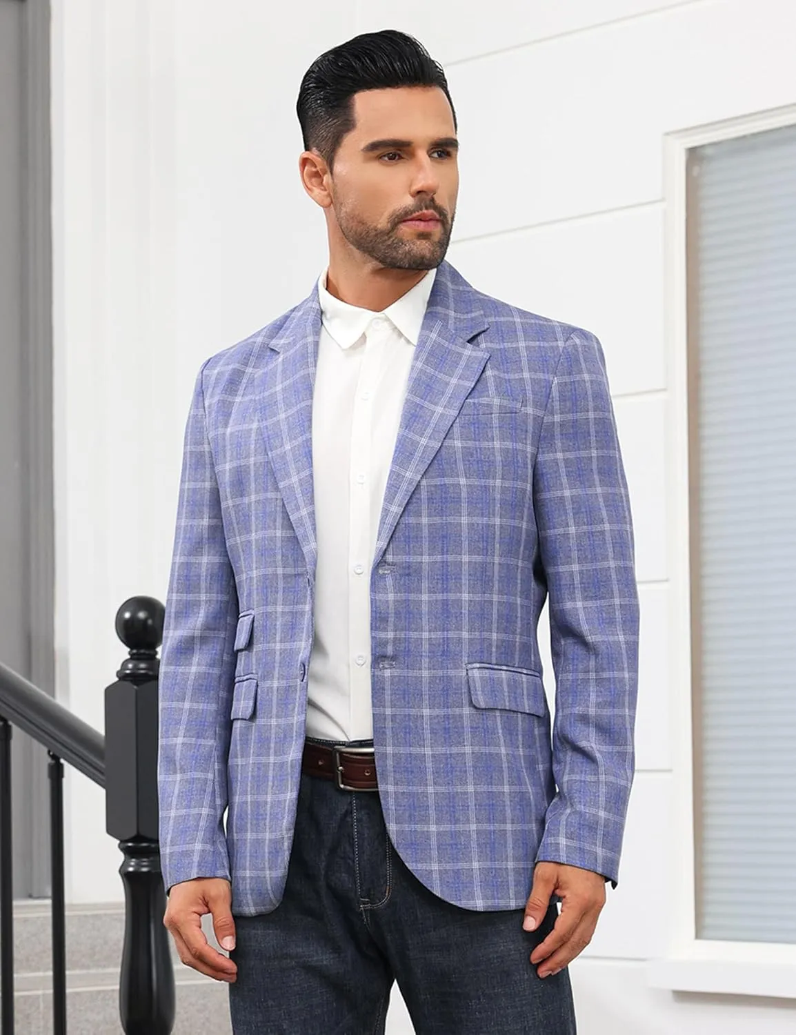 Mens Casual Blazer Suit Jacket Slim Fit Two Button Plaid Blazer Lightweight Sports Jacket for Daily