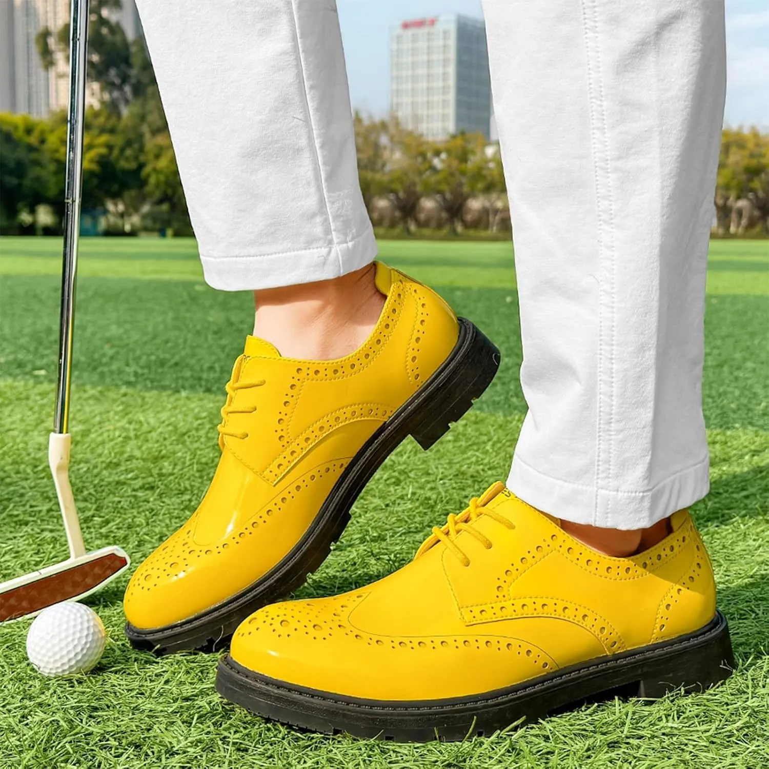 Mens Golf Shoes with 9 Spikes Waterproof Leather Golf Training Sneakers Lightweight Comfortable Golf Sports Shoe