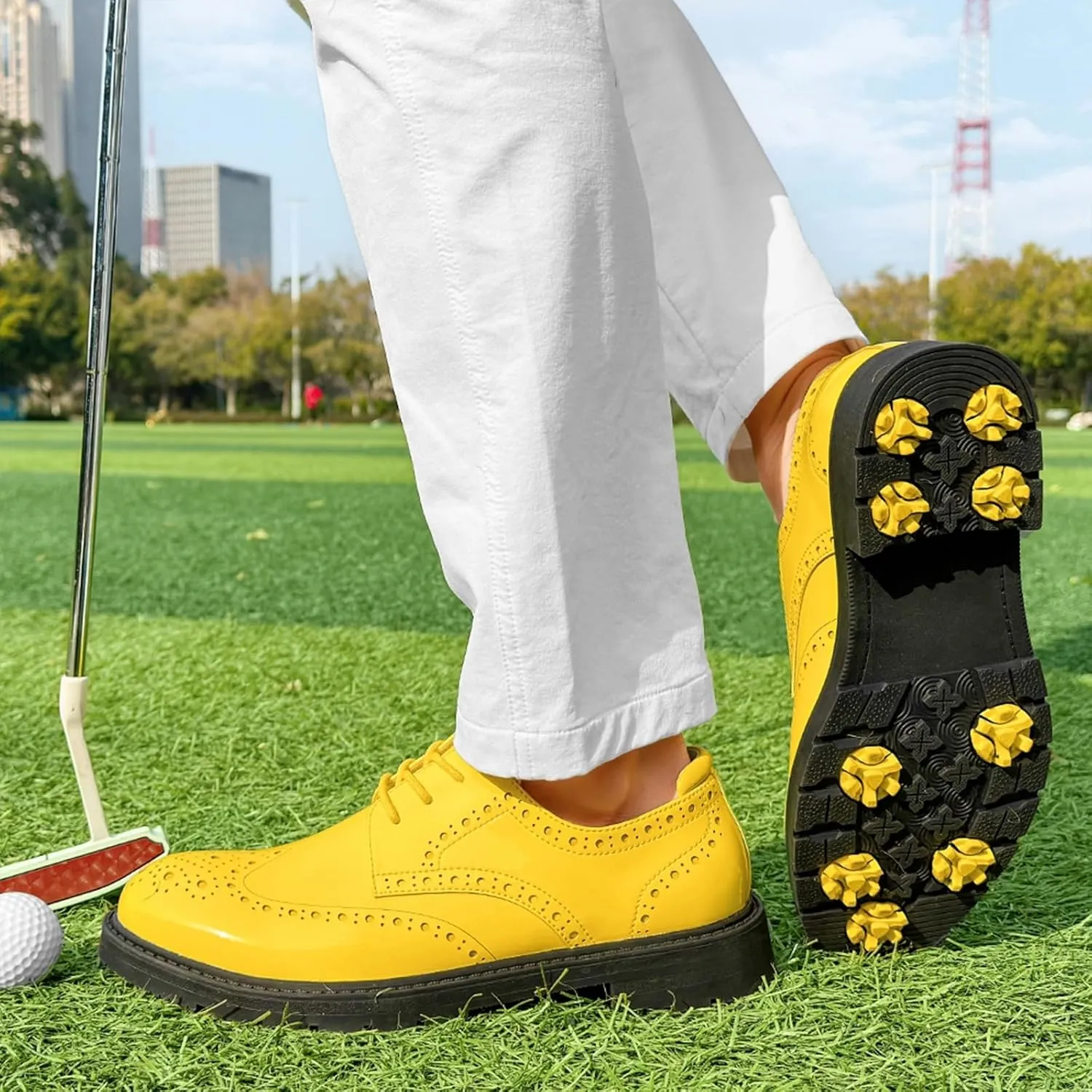 Mens Golf Shoes with 9 Spikes Waterproof Leather Golf Training Sneakers Lightweight Comfortable Golf Sports Shoe