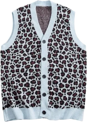 Men's Leopard Print Sweater Vest V Neck Button Down Sleeveless Knitted Cheetah Vest