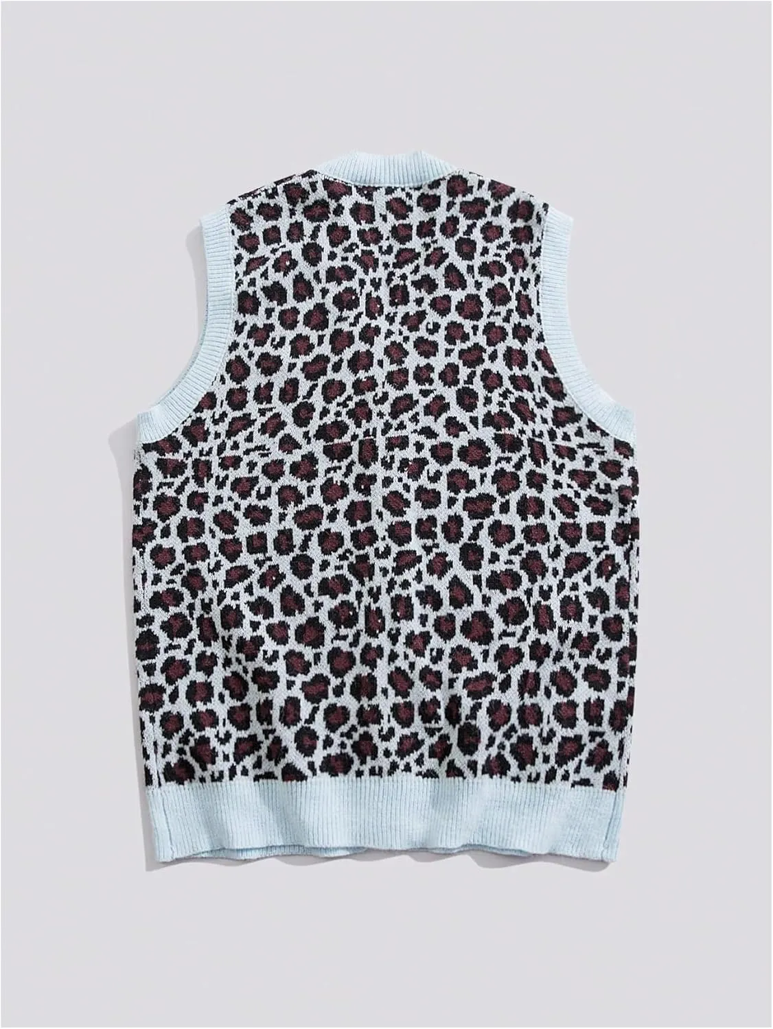 Men's Leopard Print Sweater Vest V Neck Button Down Sleeveless Knitted Cheetah Vest