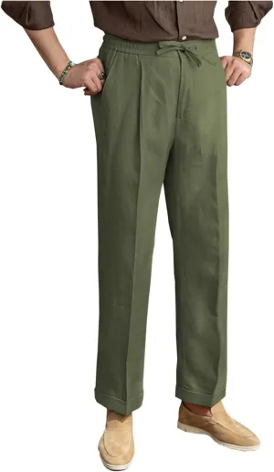 Mens Linen Pants Casual Elastic Waist Drawstring Lightweight Summer Beach Vintage Dress Long Pants Trousers