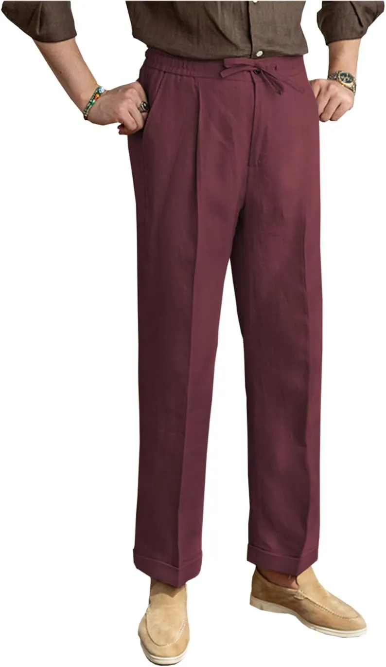 Mens Linen Pants Casual Elastic Waist Drawstring Lightweight Summer Beach Vintage Dress Long Pants Trousers