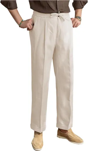 Mens Linen Pants Casual Elastic Waist Drawstring Lightweight Summer Beach Vintage Dress Long Pants Trousers