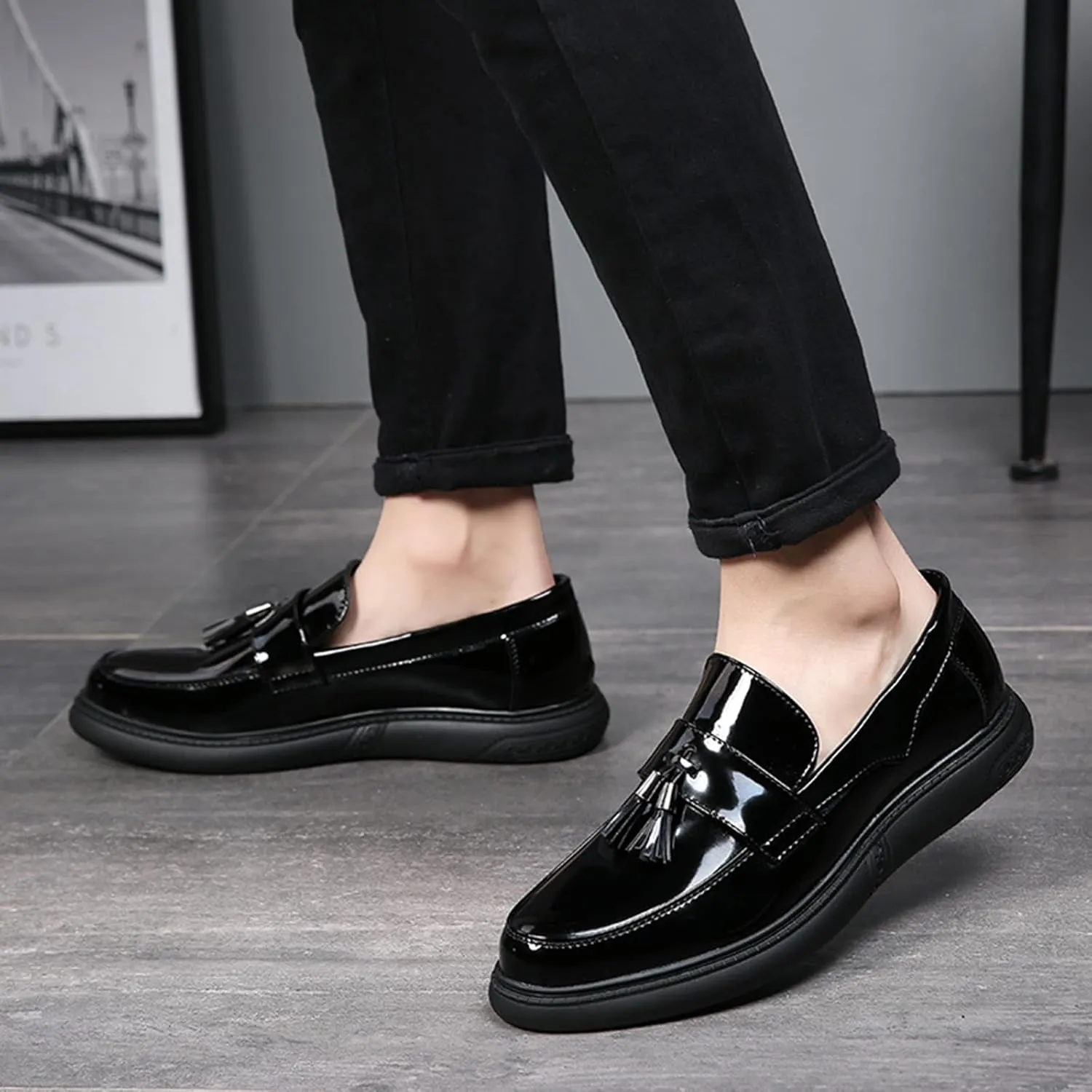 Men's Patent Leather Tassel Dress Loafers Fashion Cap Toe Low Top Slip On Oxford Penny Shoes Comfortable Casual Business Party Wedding Formal Flat Shoes