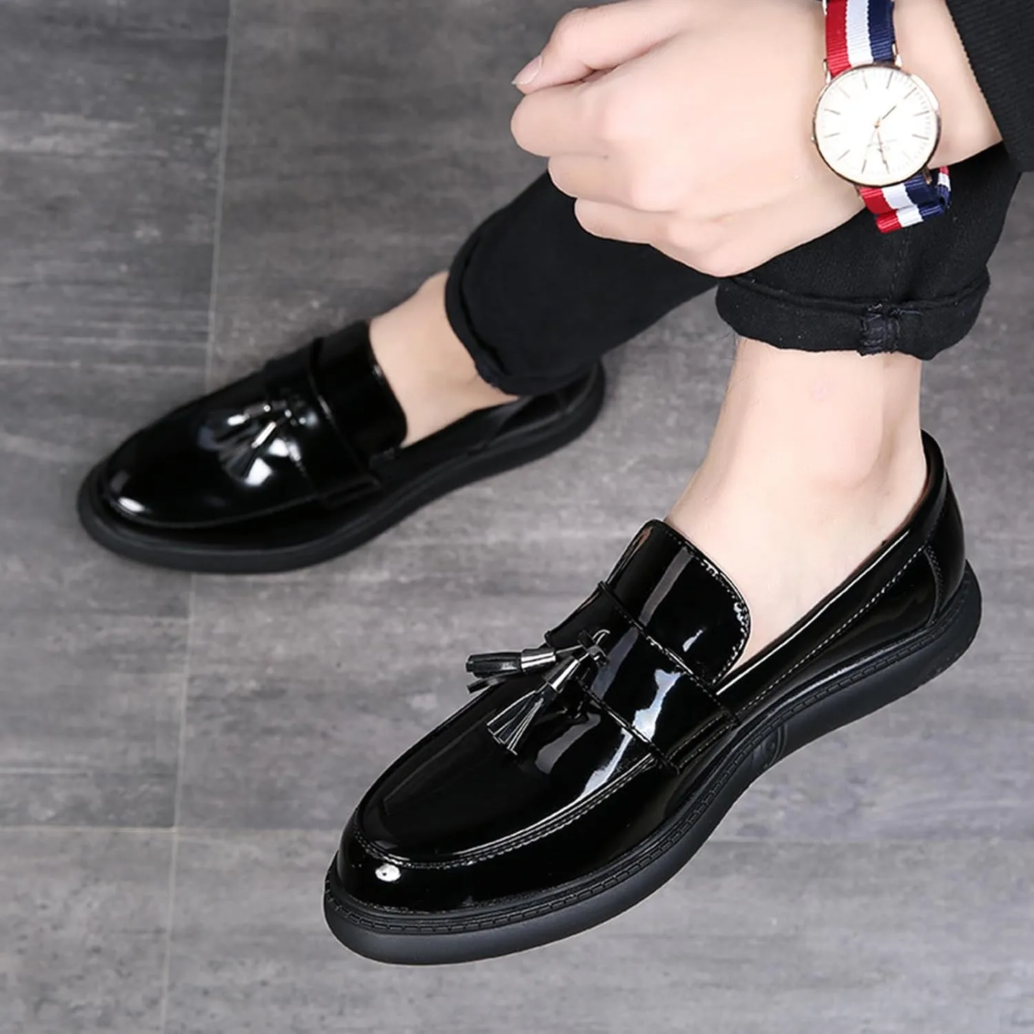 Men's Patent Leather Tassel Dress Loafers Fashion Cap Toe Low Top Slip On Oxford Penny Shoes Comfortable Casual Business Party Wedding Formal Flat Shoes