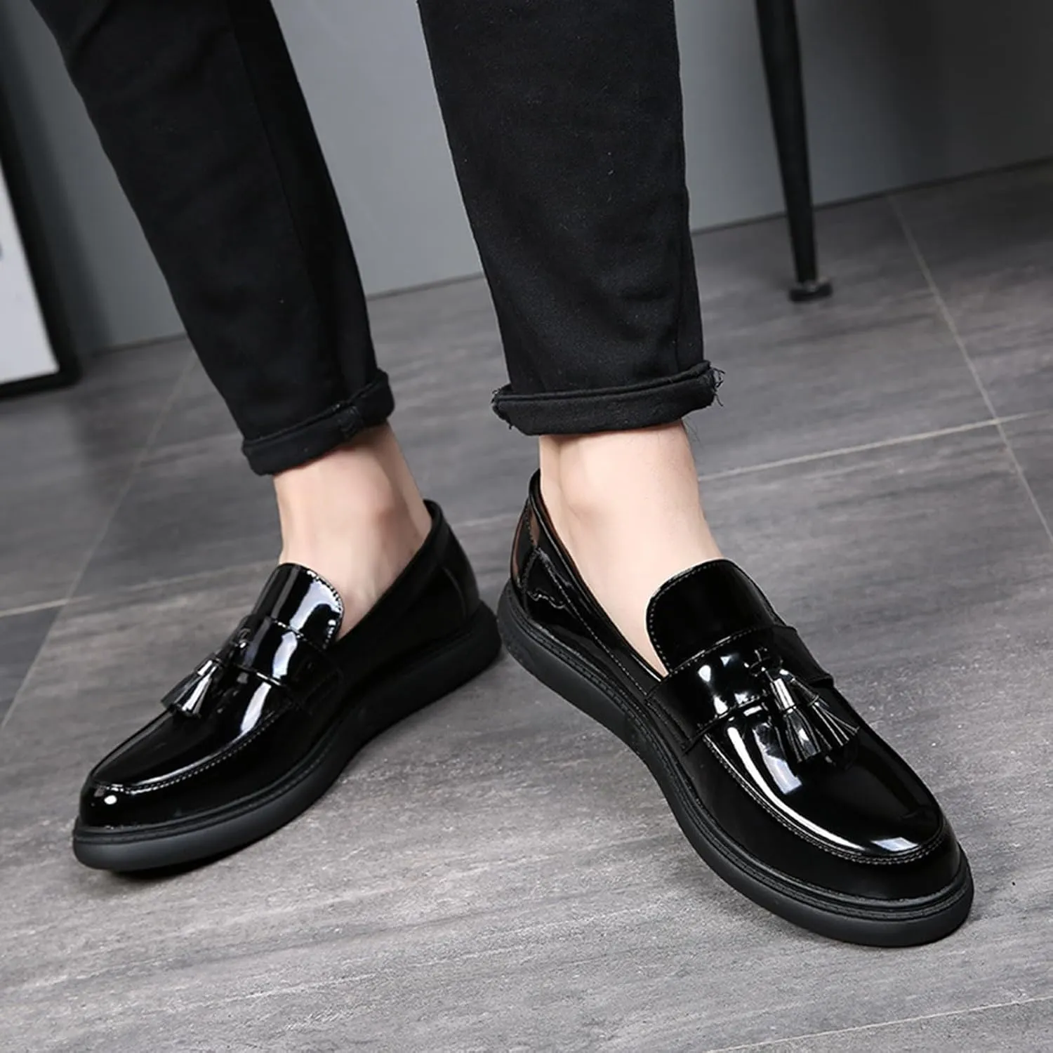 Men's Patent Leather Tassel Dress Loafers Fashion Cap Toe Low Top Slip On Oxford Penny Shoes Comfortable Casual Business Party Wedding Formal Flat Shoes