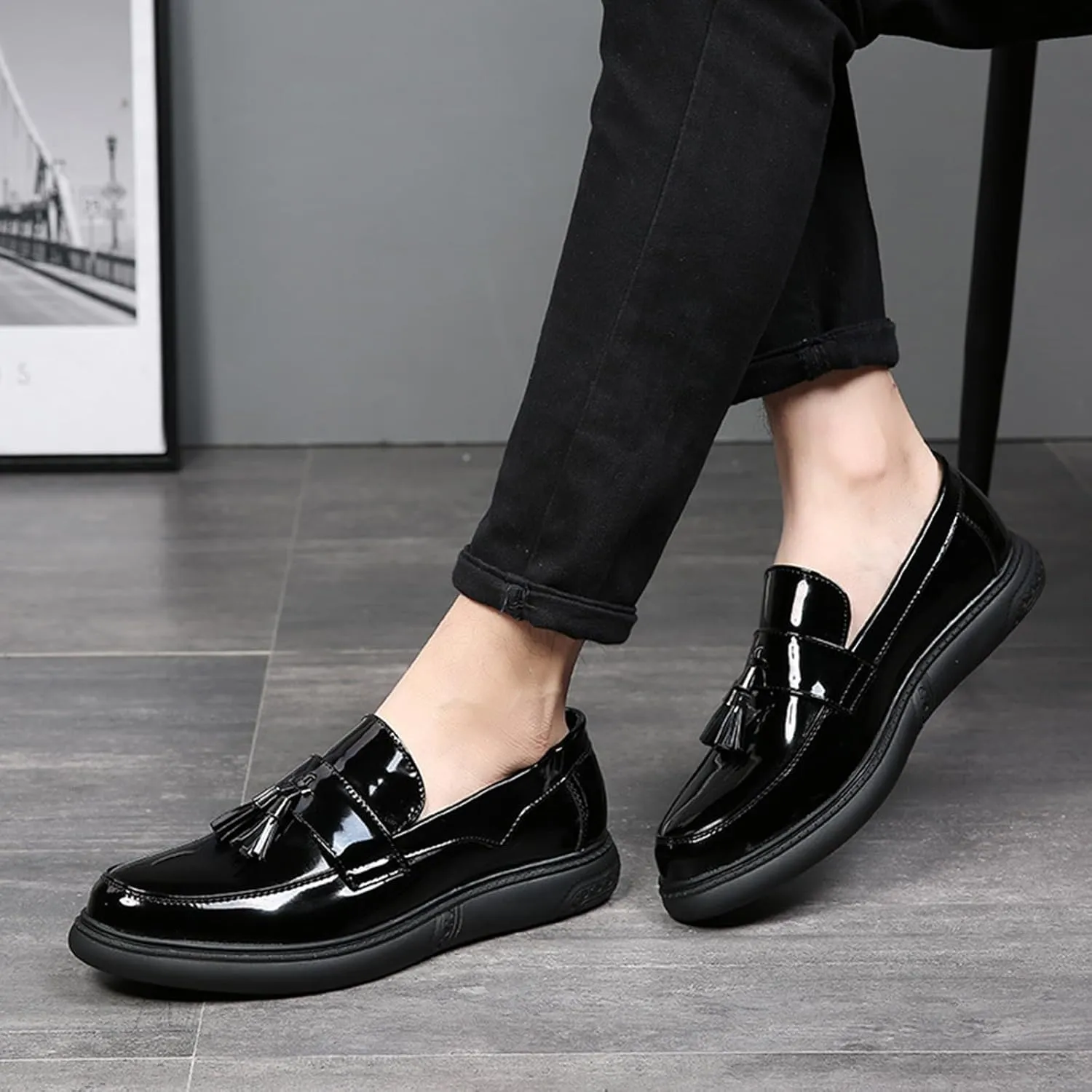 Men's Patent Leather Tassel Dress Loafers Fashion Cap Toe Low Top Slip On Oxford Penny Shoes Comfortable Casual Business Party Wedding Formal Flat Shoes