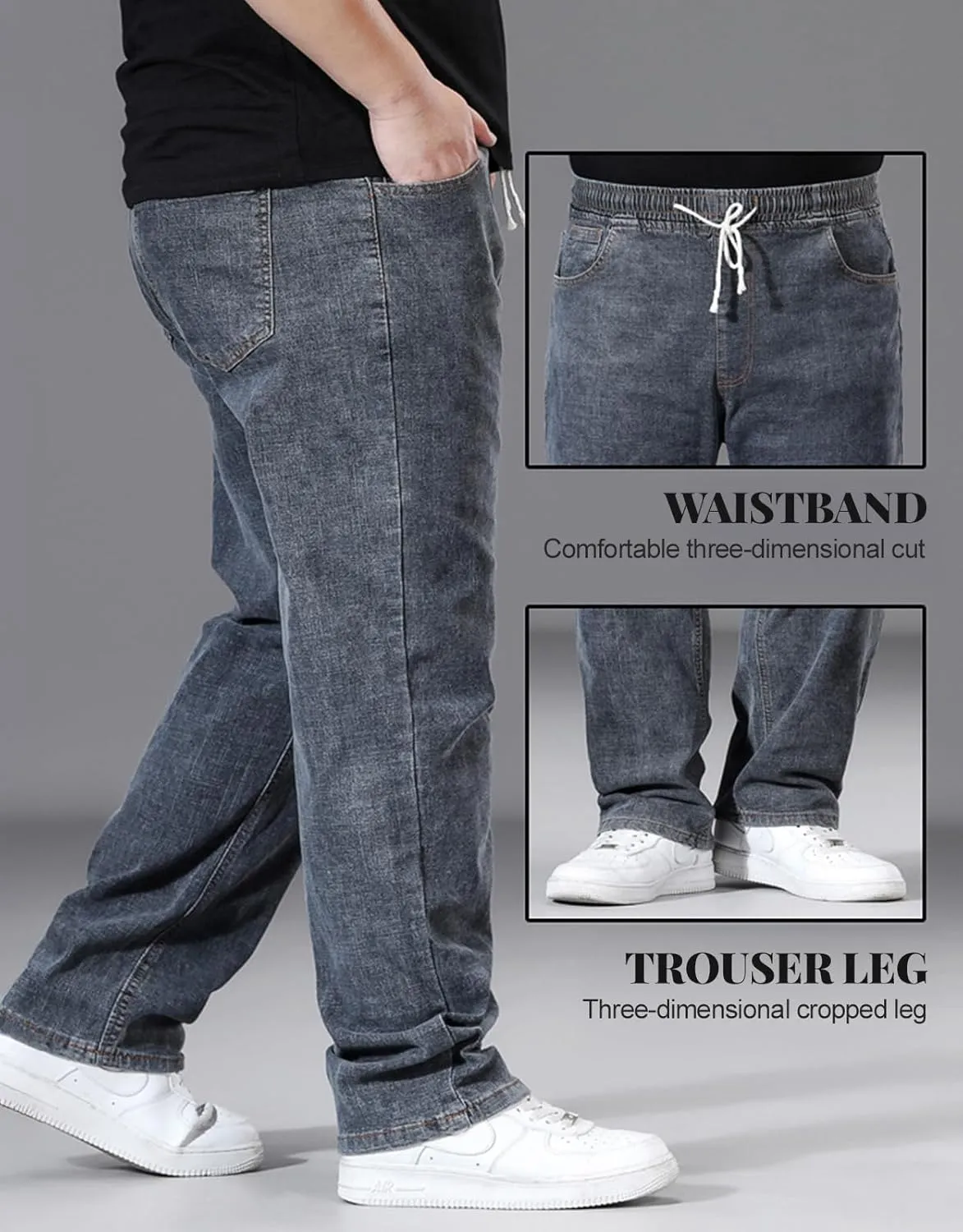 Men's Plus Size Straight Leg Jeans with Elastic Waist & Drawstring (XL-8XL) - Casual Loose Stretch Denim Pants