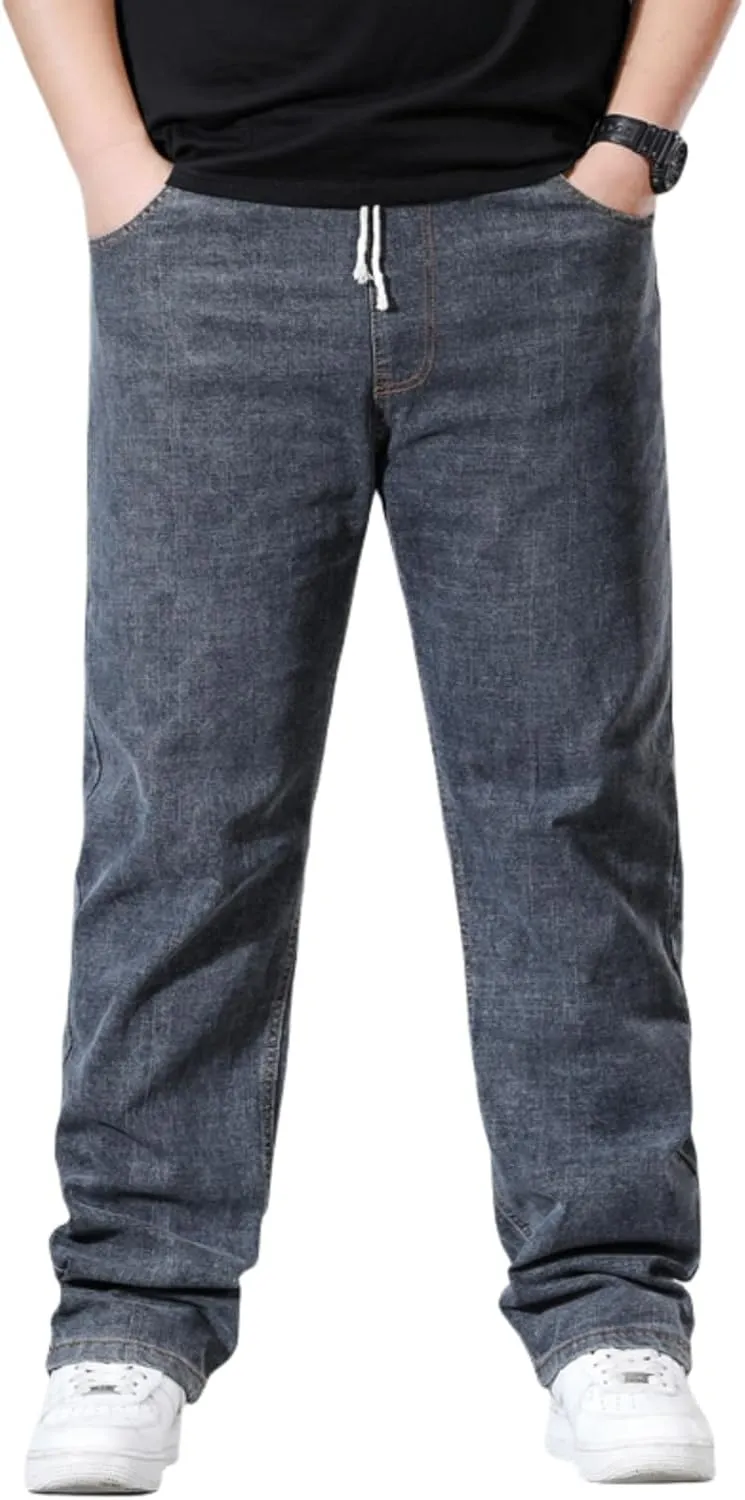 Men's Plus Size Straight Leg Jeans with Elastic Waist & Drawstring (XL-8XL) - Casual Loose Stretch Denim Pants