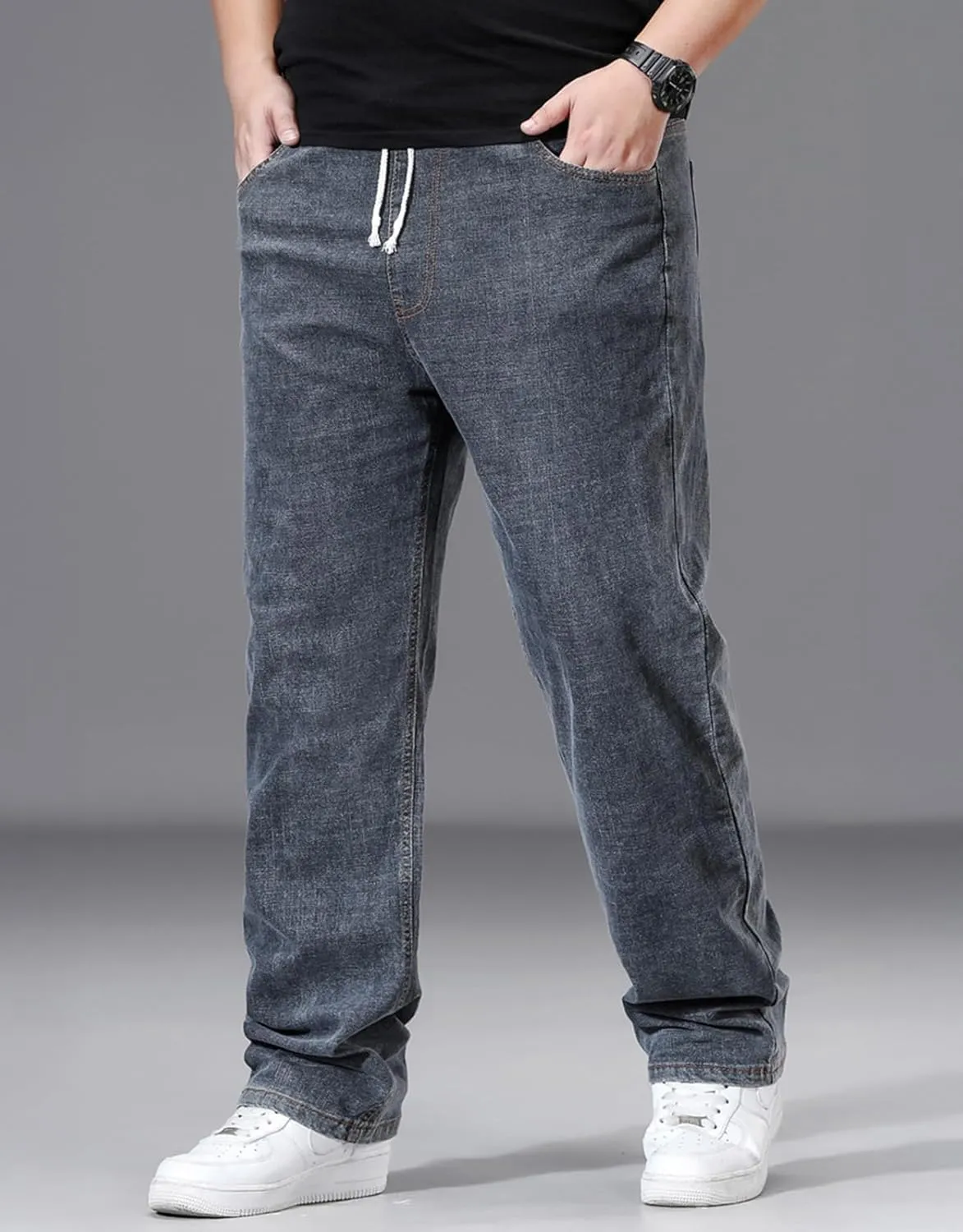 Men's Plus Size Straight Leg Jeans with Elastic Waist & Drawstring (XL-8XL) - Casual Loose Stretch Denim Pants