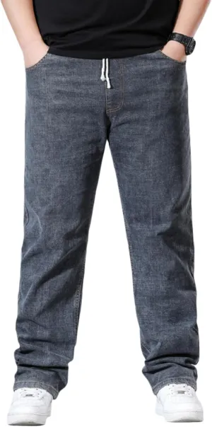 Men's Plus Size Straight Leg Jeans with Elastic Waist & Drawstring (XL-8XL) - Casual Loose Stretch Denim Pants