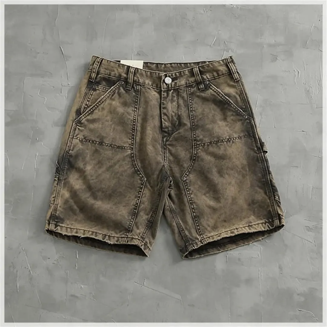 MenS Wash Vintage Denim Shorts Loose Fit Casual Straight Leg Washed Jeans Cargo Shorts