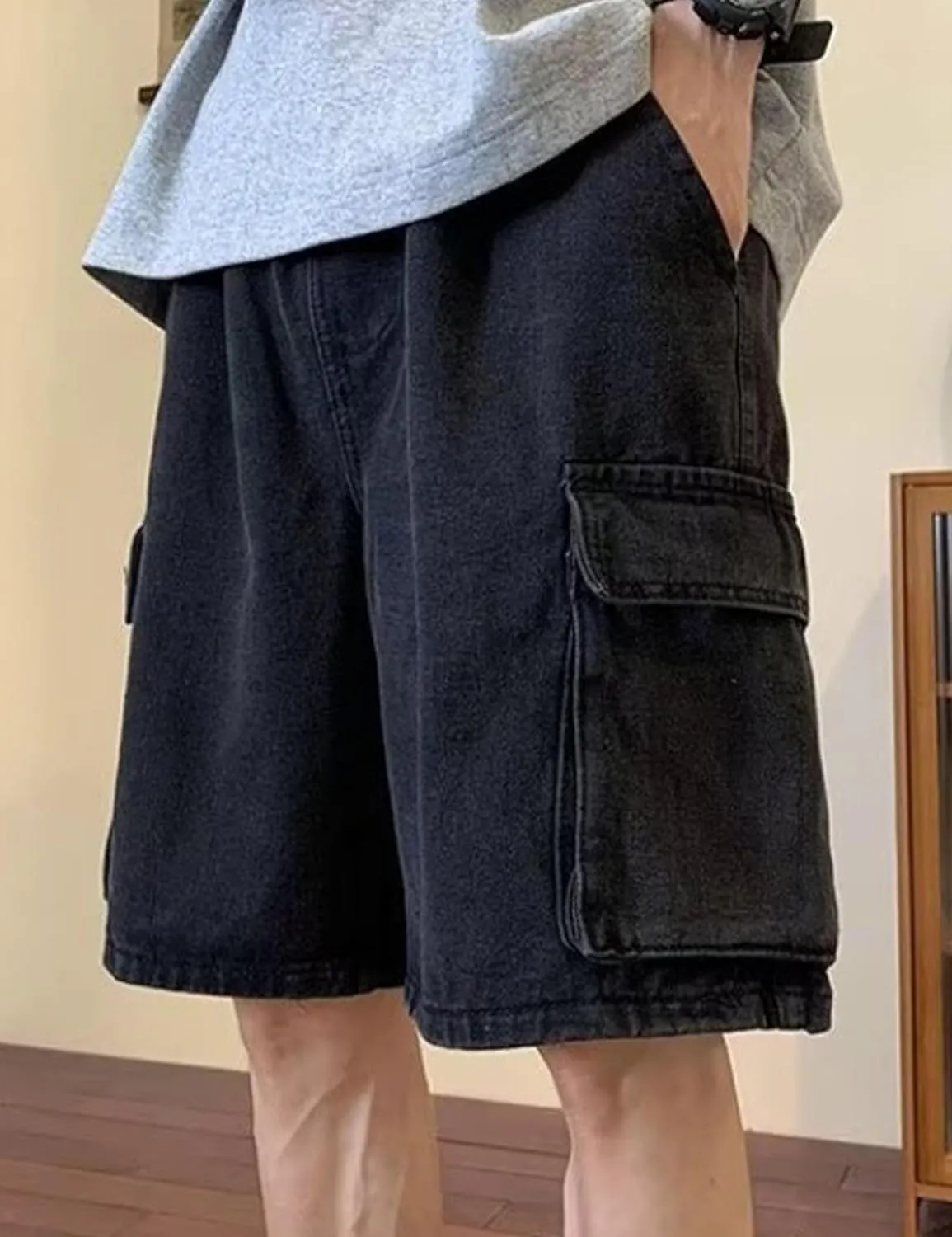 Mens Y2K Blue Denim Shorts Aesthetic Baggy Jeans Shorts Hip Hop Straight Leg Jorts Harajuku Streetwear