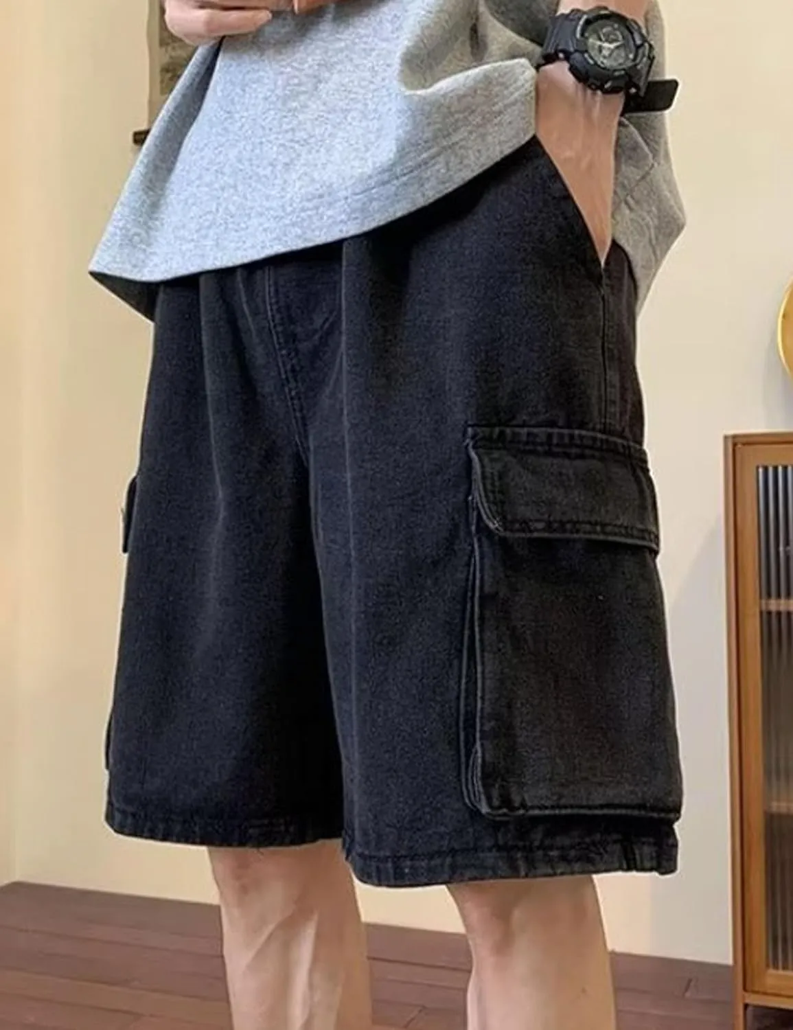 Mens Y2K Blue Denim Shorts Aesthetic Baggy Jeans Shorts Hip Hop Straight Leg Jorts Harajuku Streetwear