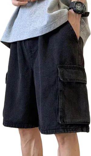Mens Y2K Blue Denim Shorts Aesthetic Baggy Jeans Shorts Hip Hop Straight Leg Jorts Harajuku Streetwear