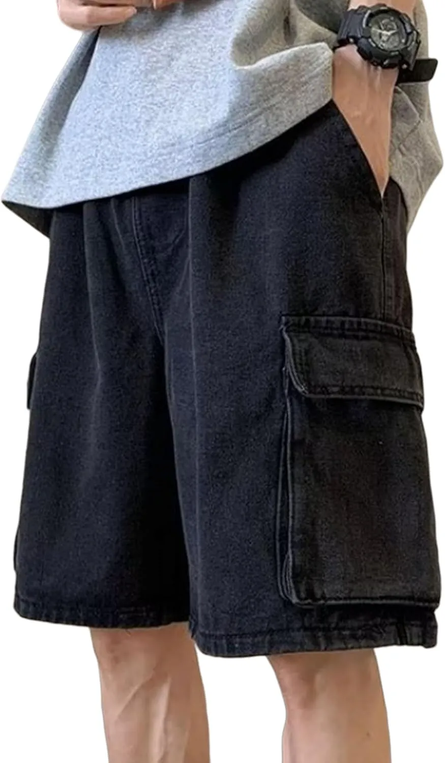 Mens Y2K Blue Denim Shorts Aesthetic Baggy Jeans Shorts Hip Hop Straight Leg Jorts Harajuku Streetwear