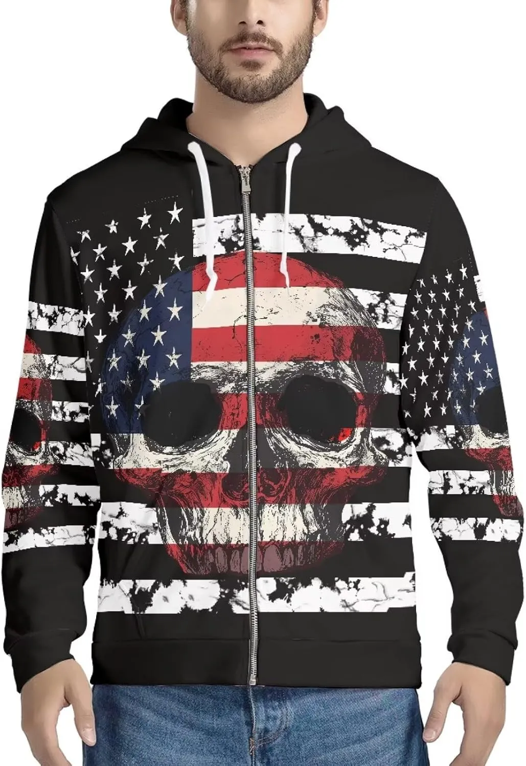 Mens Zip Up Hoodie Unique Print Hooded Sweatshirt Casual Oversized Long Sleeve Tops