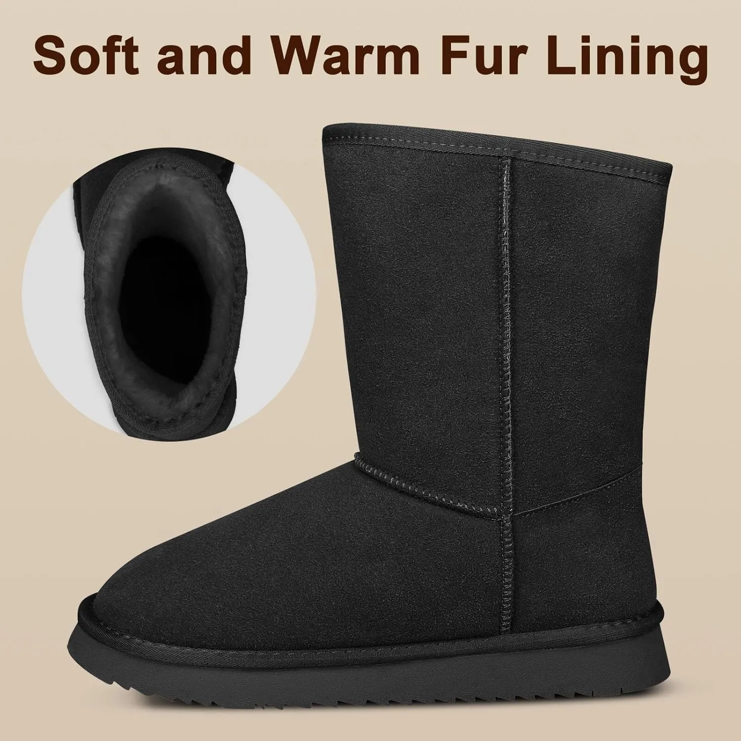 Mid-Calf Winter Boots for Women Genuine Suede Winter Snow Boots Fur Lining Memory Foam Winter Shoes Water Resistant