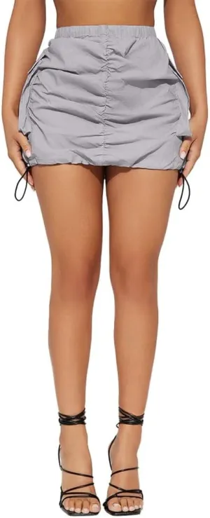 Mini Cargo Skirts for Womens Y2K High Waist Side Drawstring Summer Pleated Skirt with Pockets Trendy Skort Streetwear Gray