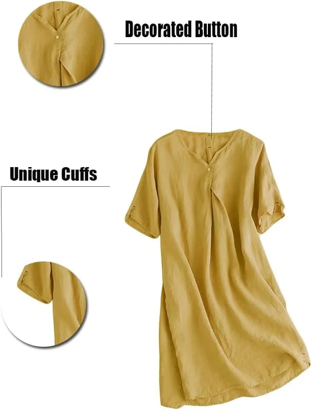 Minibee Women's Summer T Shirt Dress V Neck Linen Casual Tunic Short Sleeve Boho Flowy Sun Dresses