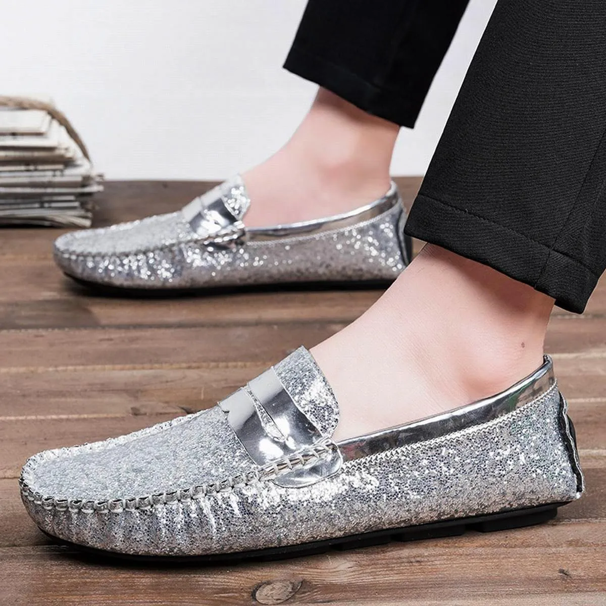 New Mens Loafers Shoe Vegan Leather Shiny Penny Driving Loafers Anti-Slip Comfortable Flat Heel Wedding Casual Slip-ons
