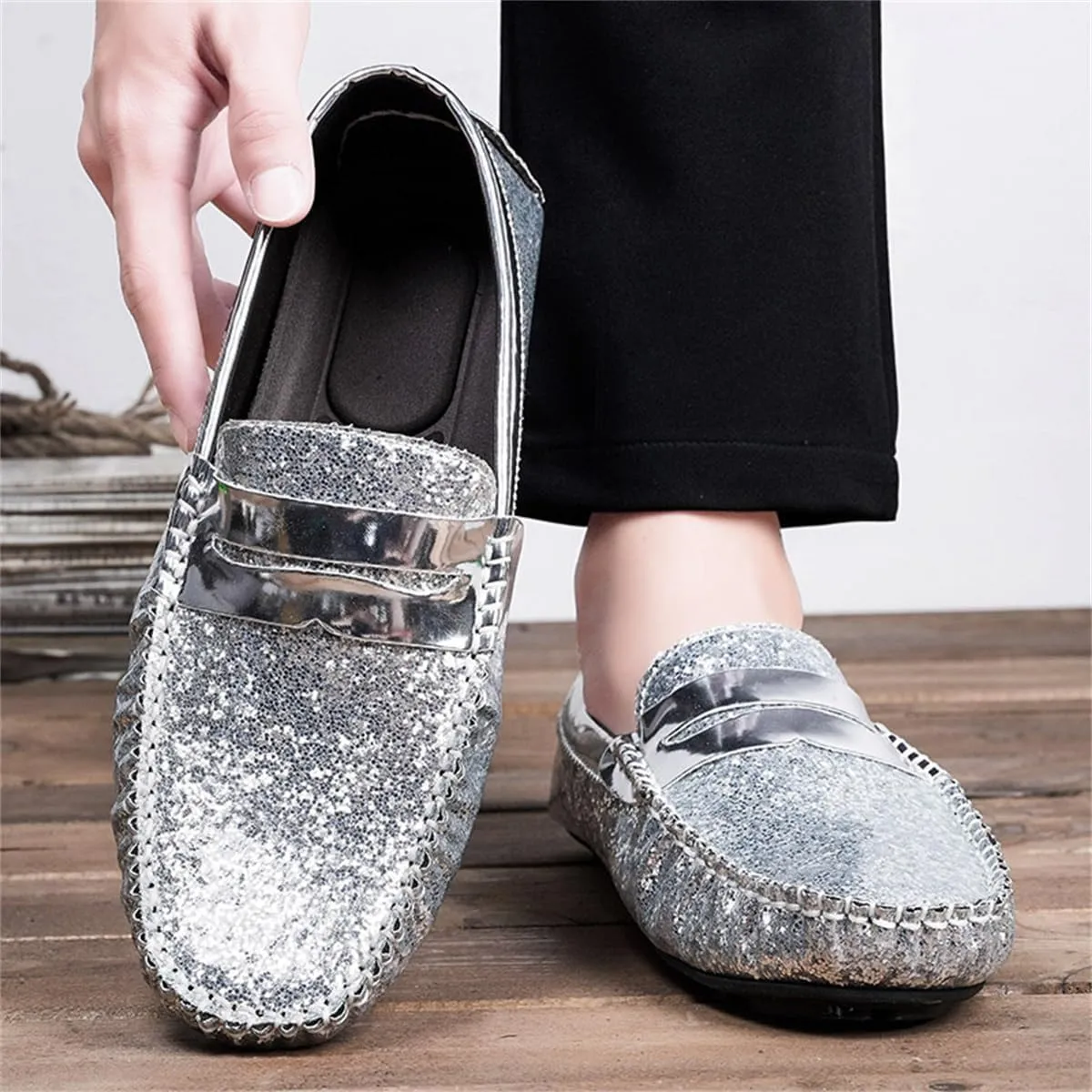 New Mens Loafers Shoe Vegan Leather Shiny Penny Driving Loafers Anti-Slip Comfortable Flat Heel Wedding Casual Slip-ons