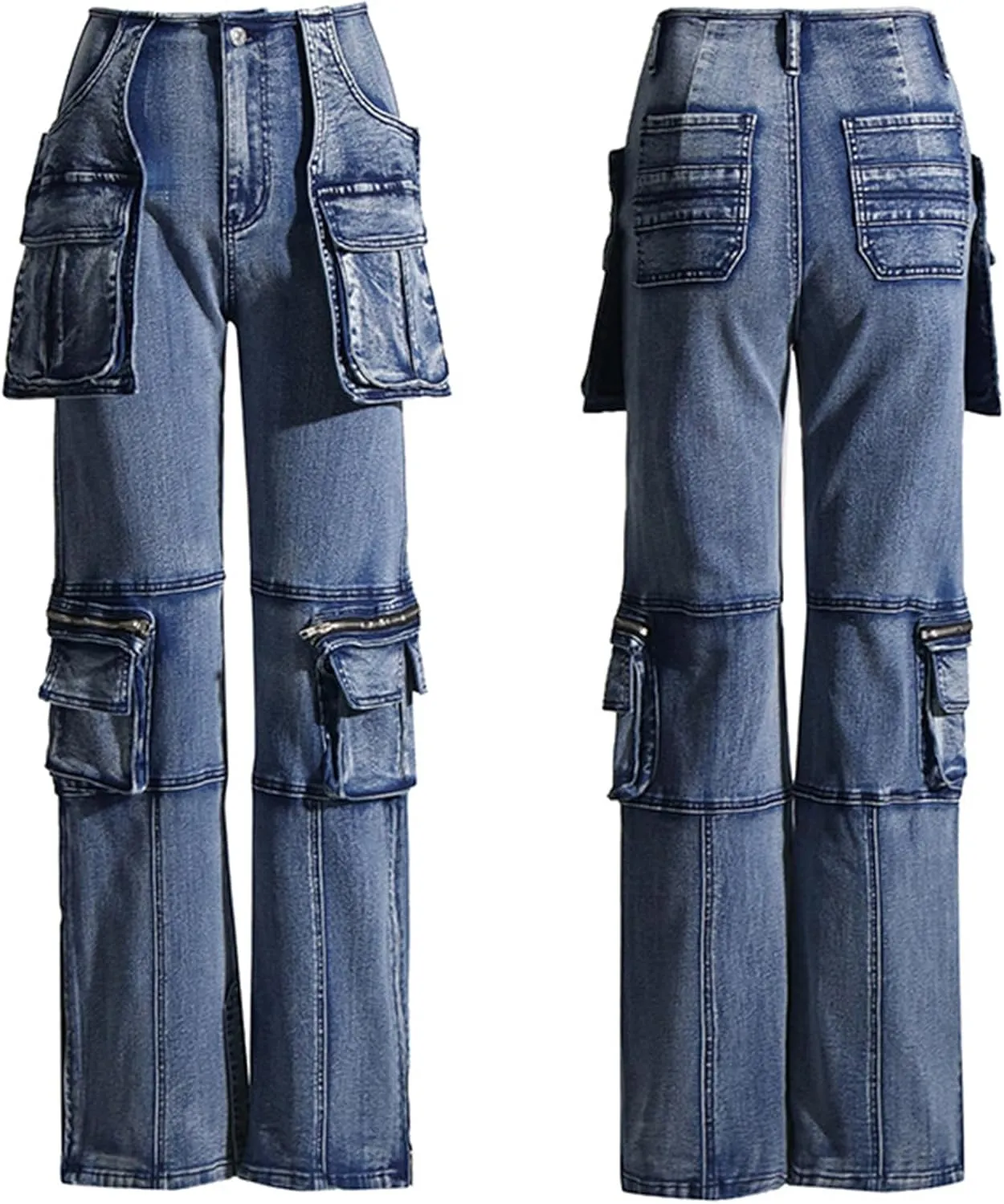 NRTHYE Women Cargo Jeans High Waist Straight Leg Trendy Stretchy Denim Cargo Pants with Pockets