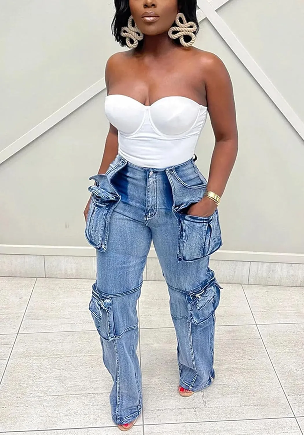 NRTHYE Women Cargo Jeans High Waist Straight Leg Trendy Stretchy Denim Cargo Pants with Pockets