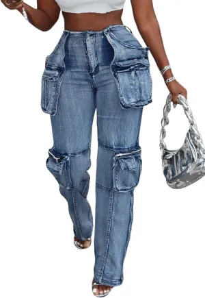 NRTHYE Women Cargo Jeans High Waist Straight Leg Trendy Stretchy Denim Cargo Pants with Pockets