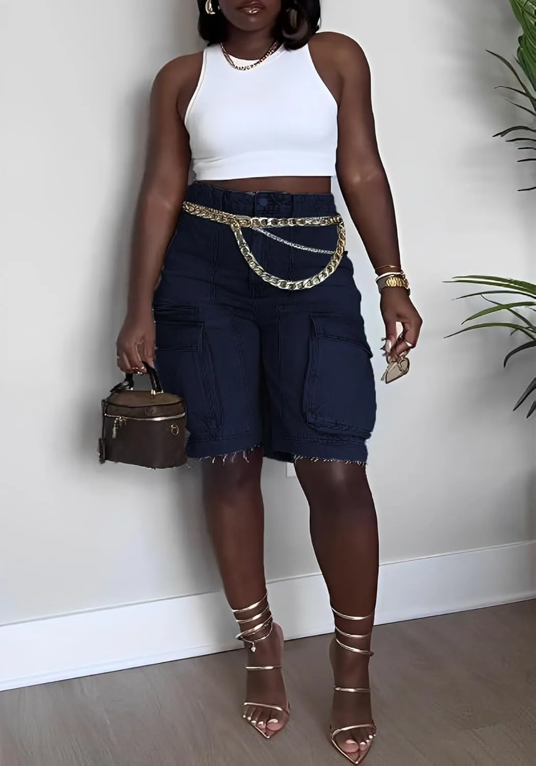 NRTHYE Women Denim Shorts High Waisted Straight Leg Casual Cargo Jean Shorts with Pockets