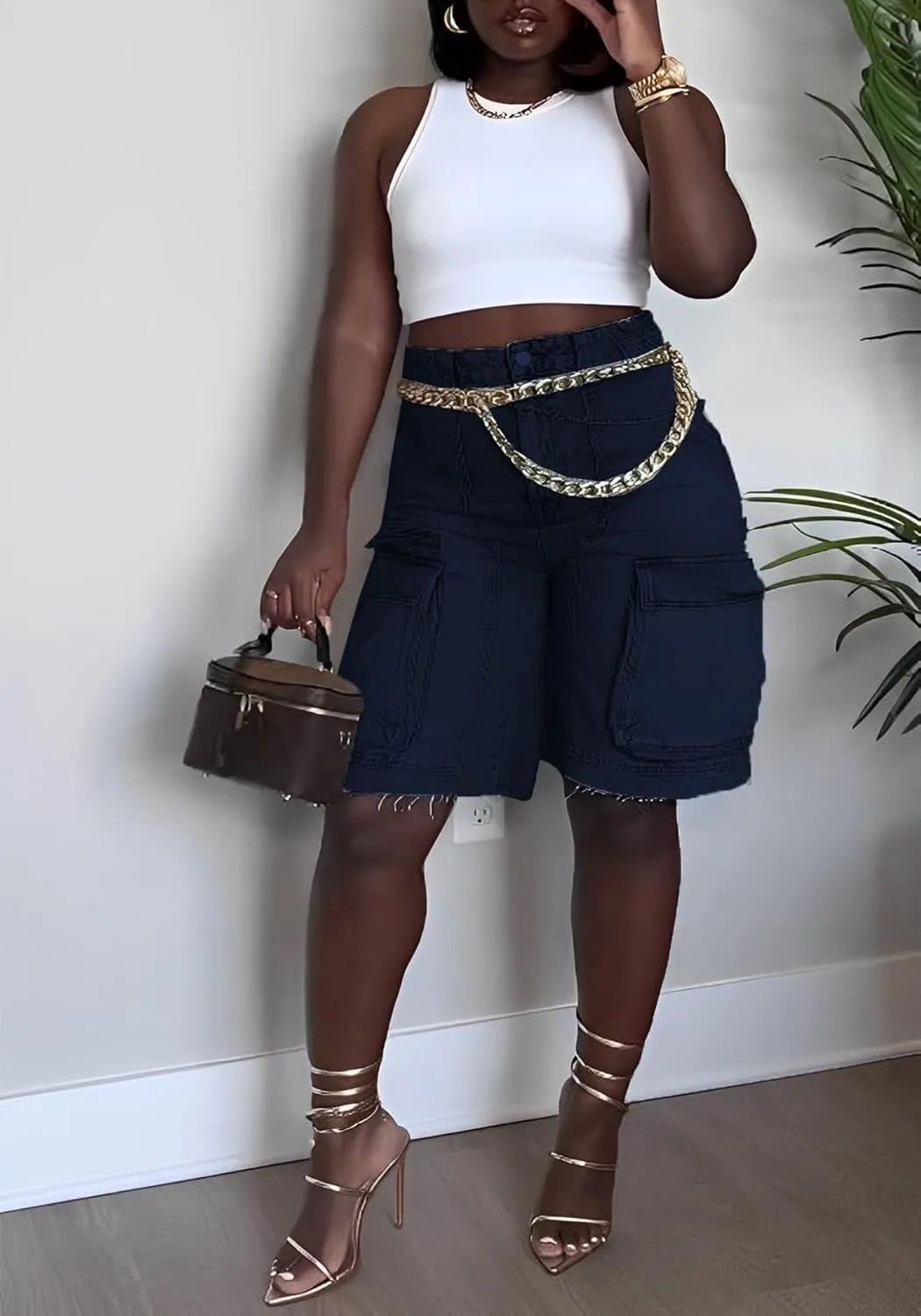 NRTHYE Women Denim Shorts High Waisted Straight Leg Casual Cargo Jean Shorts with Pockets