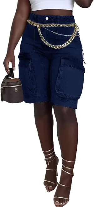 NRTHYE Women Denim Shorts High Waisted Straight Leg Casual Cargo Jean Shorts with Pockets