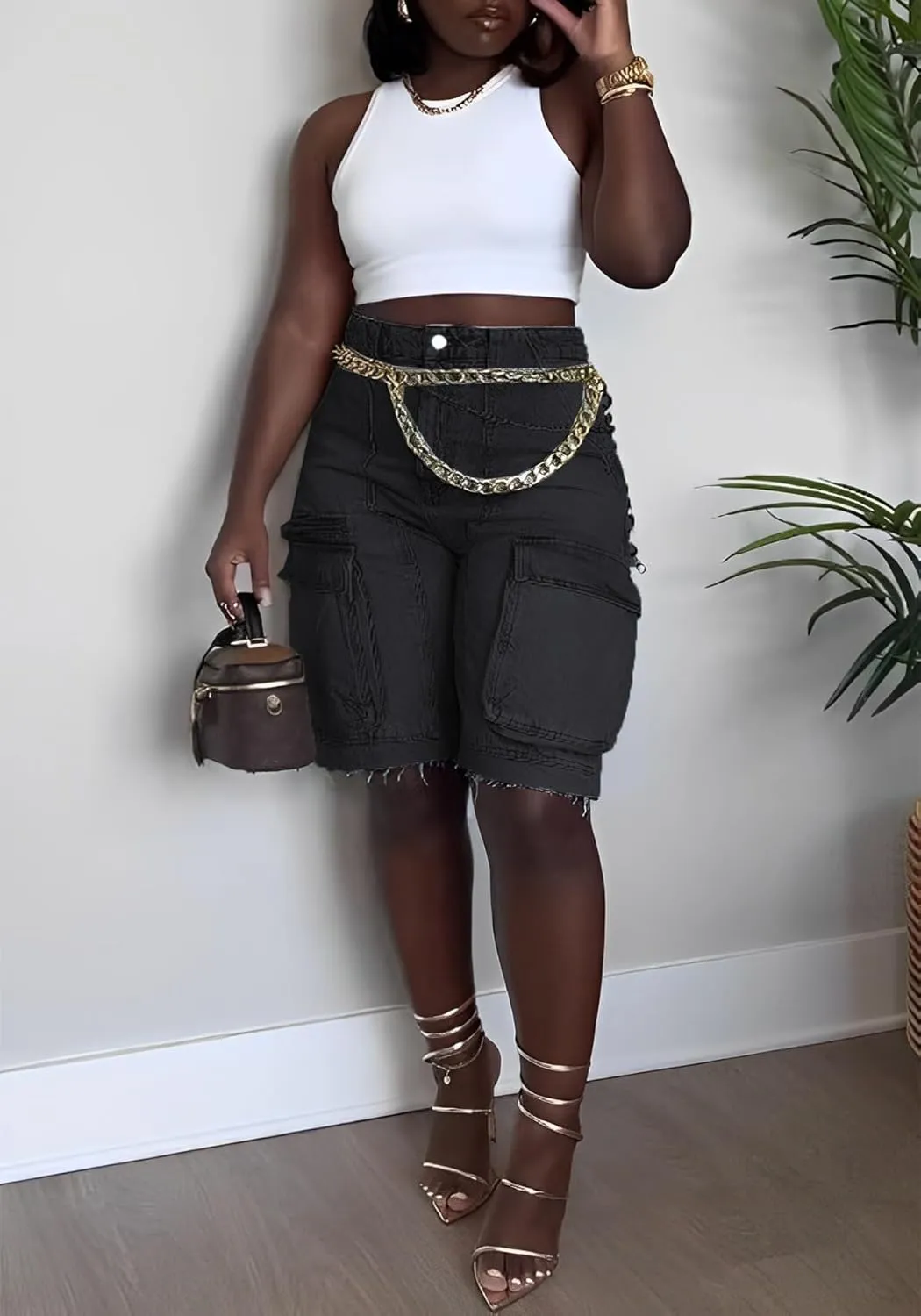 NRTHYE Women Denim Shorts High Waisted Straight Leg Casual Cargo Jean Shorts with Pockets