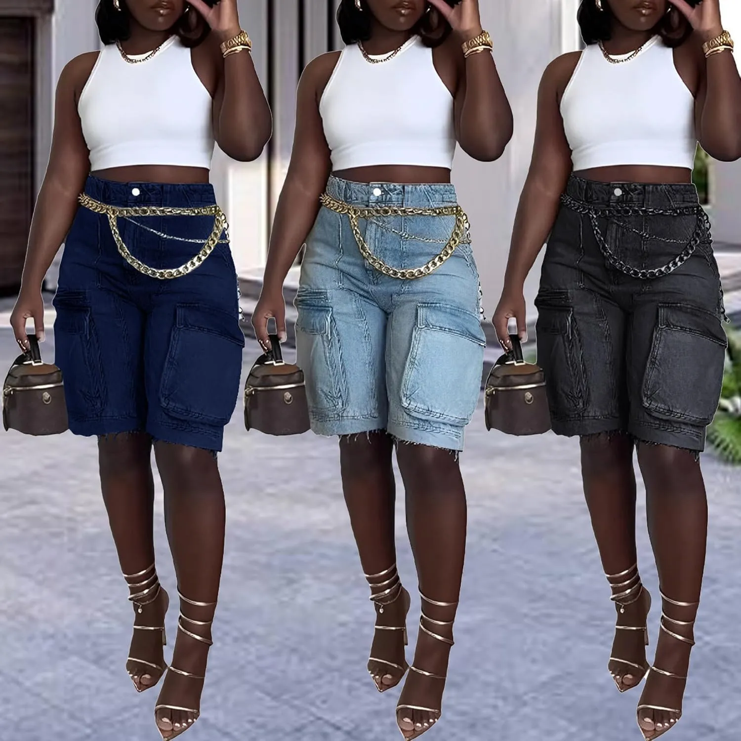 NRTHYE Women Denim Shorts High Waisted Straight Leg Casual Cargo Jean Shorts with Pockets