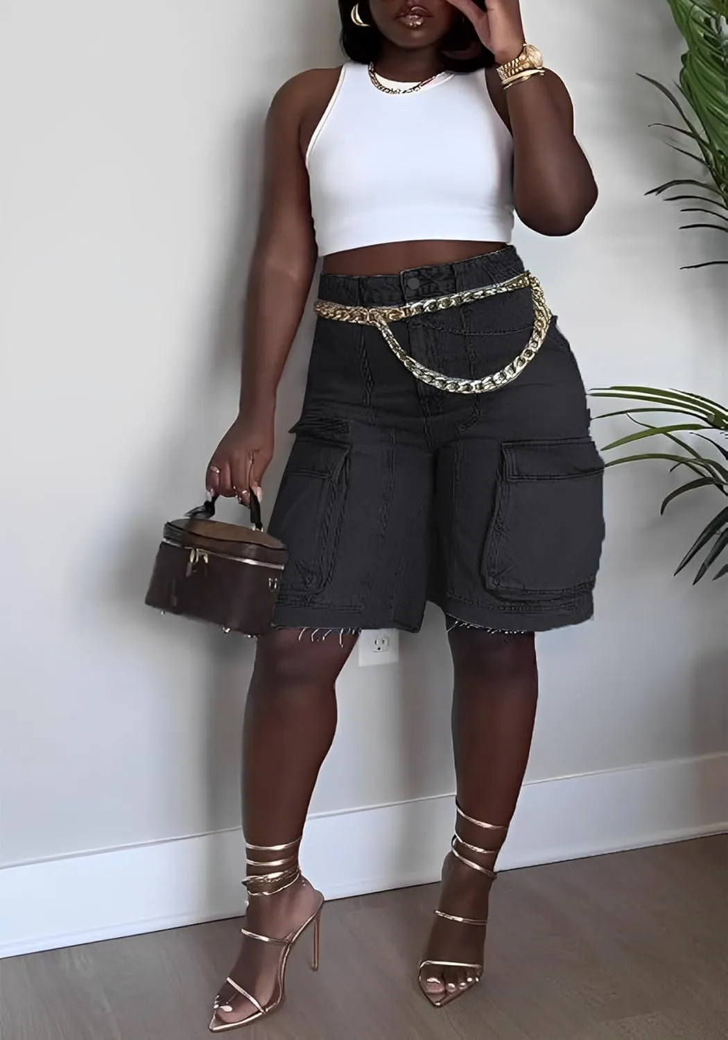 NRTHYE Women Denim Shorts High Waisted Straight Leg Casual Cargo Jean Shorts with Pockets