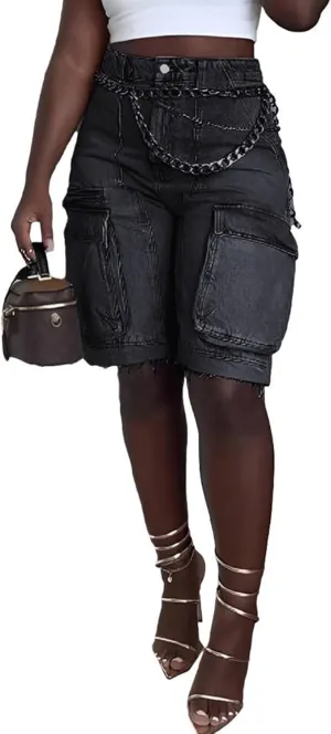 NRTHYE Women Denim Shorts High Waisted Straight Leg Casual Cargo Jean Shorts with Pockets
