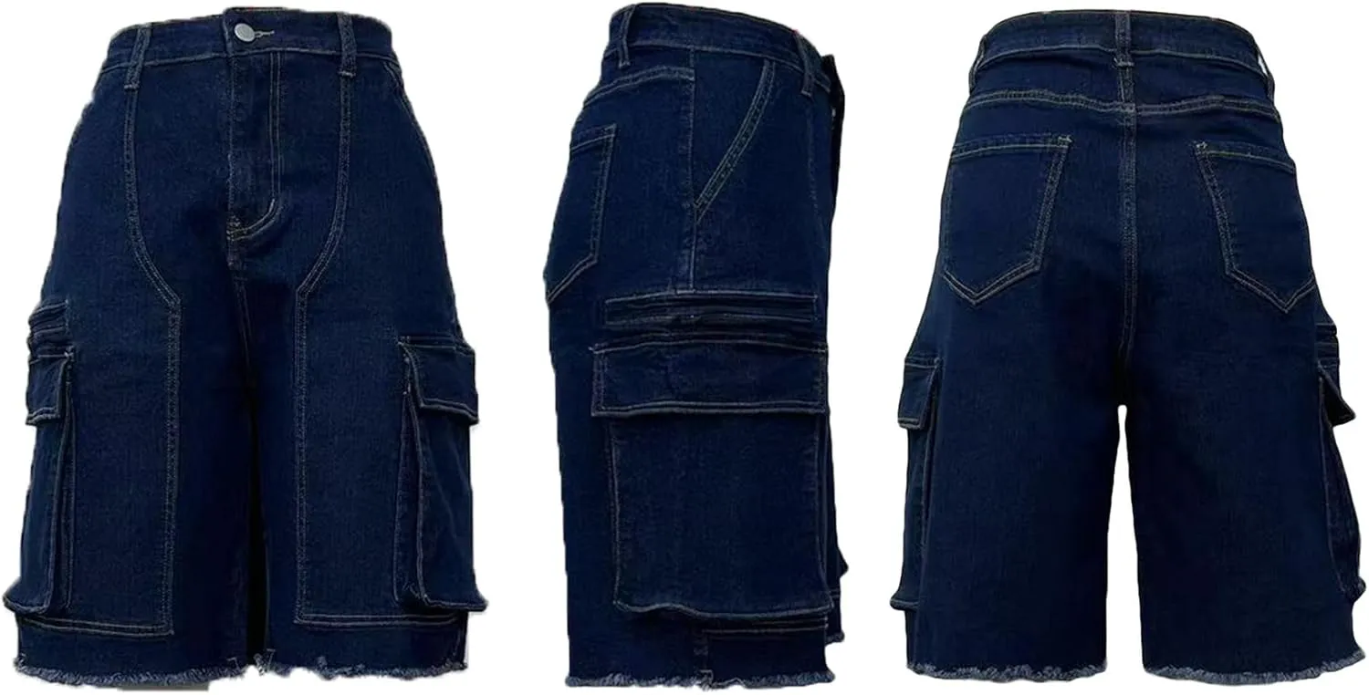 NRTHYE Women Denim Shorts High Waisted Straight Leg Casual Cargo Jean Shorts with Pockets