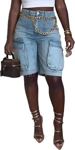 NRTHYE Women Denim Shorts High Waisted Straight Leg Casual Cargo Jean Shorts with Pockets