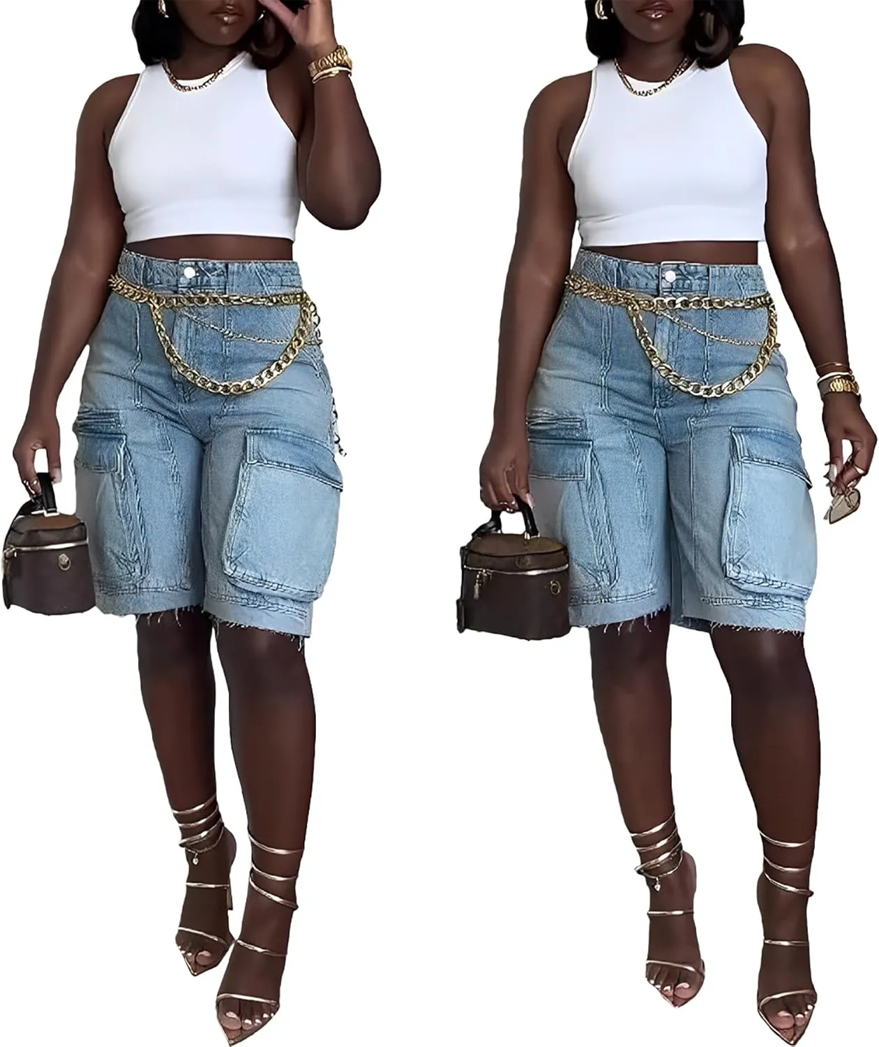 NRTHYE Women Denim Shorts High Waisted Straight Leg Casual Cargo Jean Shorts with Pockets