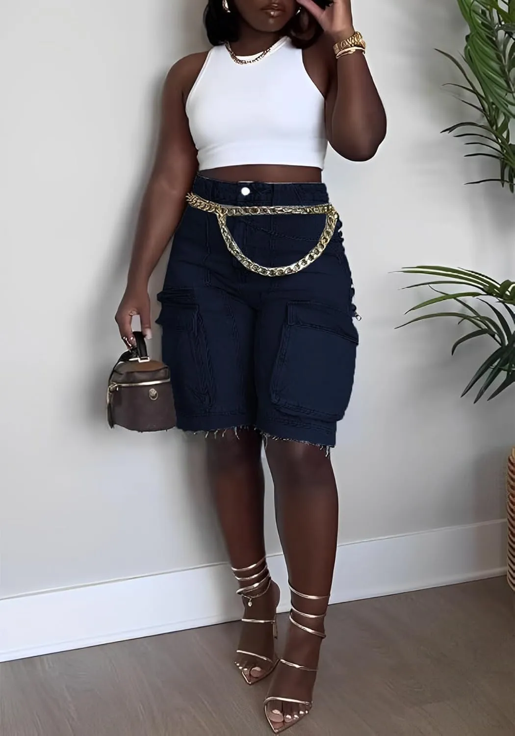 NRTHYE Women Denim Shorts High Waisted Straight Leg Casual Cargo Jean Shorts with Pockets